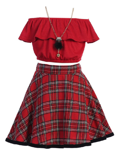 Just Kids Big Girls Red Top Plaid Skirt Necklace Christmas Outfit 8-14 - SophiasStyle.com