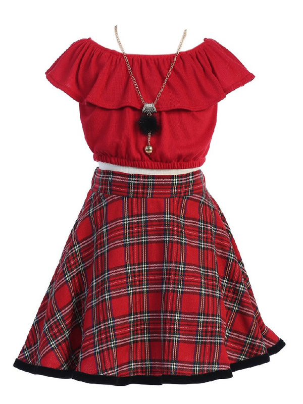 Just Kids Little Girls Red Top Plaid Skirt Necklace Christmas Outfit 4-6 - SophiasStyle.com
