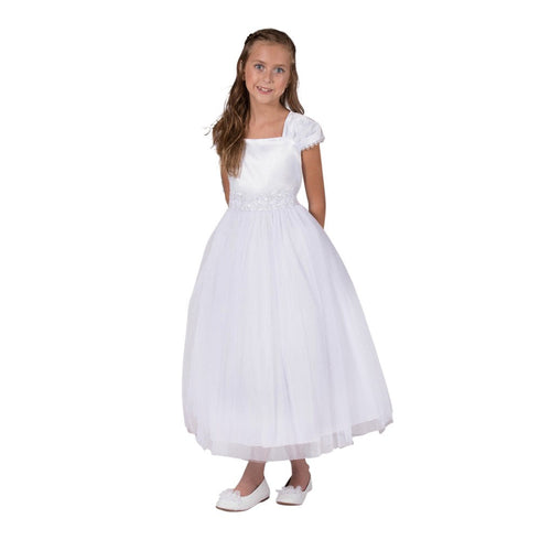 Kids Dream Big Girls White Satin Mesh Lace Beadwork Communion Dress 8-16 - SophiasStyle.com