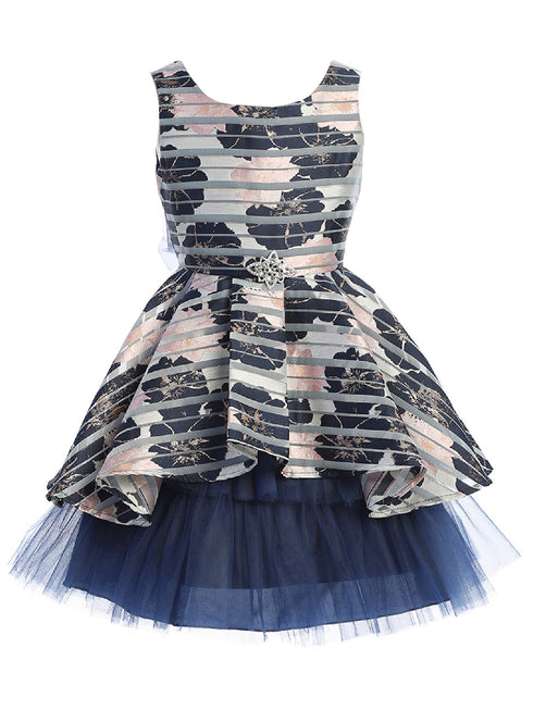 Just Kids Big Girls Navy Floral Print Brooch Hi Low Junior Bridesmaid Dress 8-14 - SophiasStyle.com