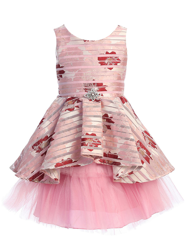 Just Kids Big Girls Rose Floral Print Brooch Hi Low Junior Bridesmaid Dress 8-14 - SophiasStyle.com
