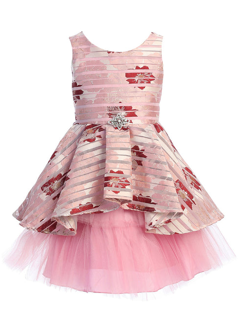 Just Kids Little Girls Rose Floral Print Brooch Hi Low Flower Girl Dress 2-6 - SophiasStyle.com