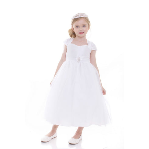 Petite Adele Little Girls White Poly Dupioni Satin Brooch Flower Girl Dress 2-6 - SophiasStyle.com