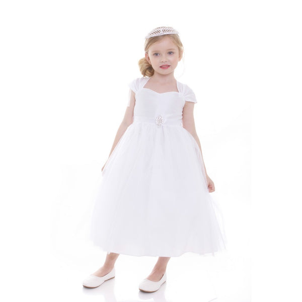 Petite Adele Big Girls White Poly Dupioni Satin Brooch Flower Girl Dress 8-12 - SophiasStyle.com