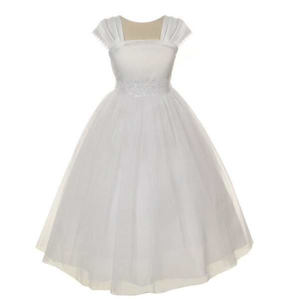 Kids Dream Little Girls White Satin Mesh Beadwork Flower Girl Dress 2-6 - SophiasStyle.com