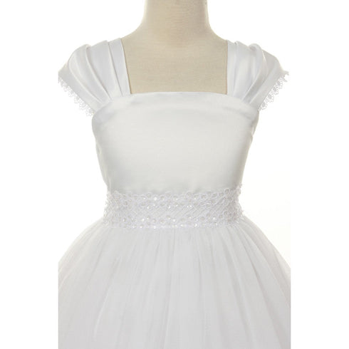 Kids Dream Big Girls White Satin Mesh Lace Beadwork Communion Dress 8-16 - SophiasStyle.com