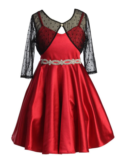 Just Kids Girls Satin Dress with Rhinestone Belt and Sheer Embroidered Bolero, Sizes 4-14 - SophiasStyle.com