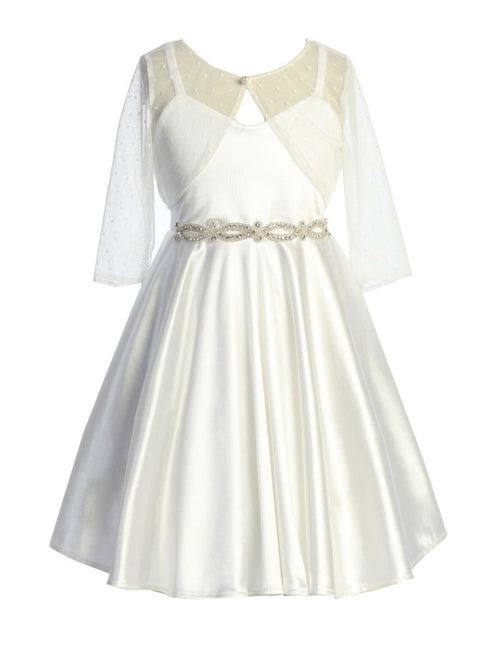Just Kids Girls Satin Dress with Rhinestone Belt and Sheer Embroidered Bolero, Sizes 4-14 - SophiasStyle.com