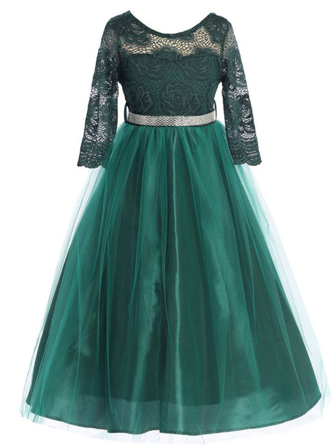 Just Kids Girls Floral Lace Illusion Dress with Metallic Belt and V-Neck Back, Sizes 4-16 - SophiasStyle.com