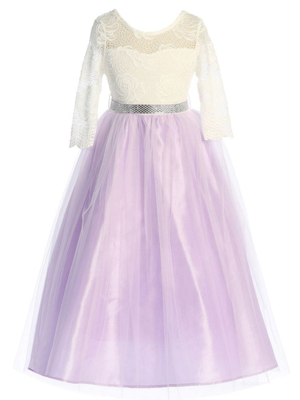 Just Kids Girls Floral Lace Illusion Dress with Metallic Belt and V-Neck Back, Sizes 4-16 - SophiasStyle.com