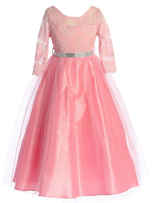Just Kids Girls Floral Lace Illusion Dress with Metallic Belt and V-Neck Back, Sizes 4-16 - SophiasStyle.com