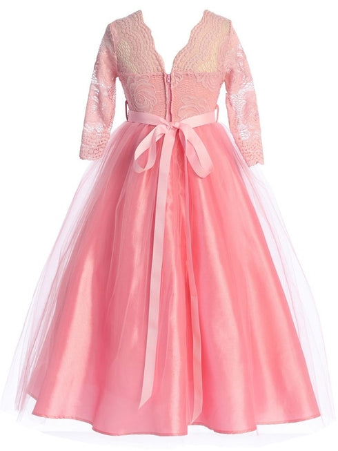 Just Kids Girls Floral Lace Illusion Dress with Metallic Belt and V-Neck Back, Sizes 4-16 - SophiasStyle.com