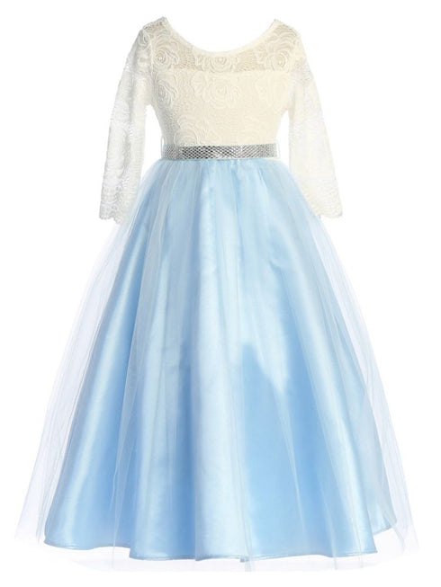 Just Kids Girls Floral Lace Illusion Dress with Metallic Belt and V-Neck Back, Sizes 4-16 - SophiasStyle.com