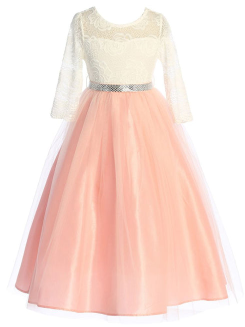 Just Kids Girls Floral Lace Illusion Dress with Metallic Belt and V-Neck Back, Sizes 4-16 - SophiasStyle.com