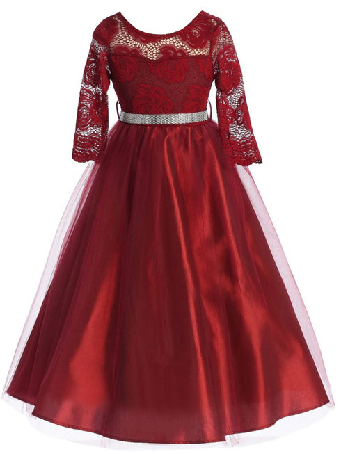 Just Kids Girls Floral Lace Illusion Dress with Metallic Belt and V-Neck Back, Sizes 4-16 - SophiasStyle.com