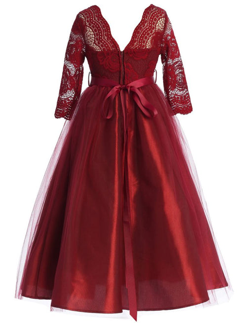 Just Kids Girls Floral Lace Illusion Dress with Metallic Belt and V-Neck Back, Sizes 4-16 - SophiasStyle.com