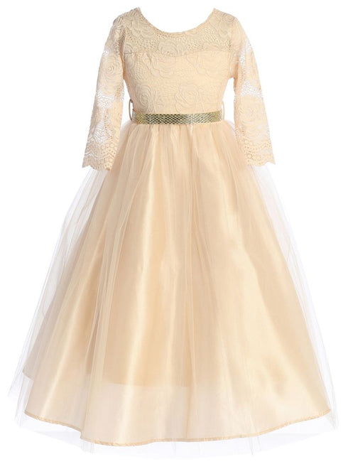 Just Kids Girls Floral Lace Illusion Dress with Metallic Belt and V-Neck Back, Sizes 4-16 - SophiasStyle.com