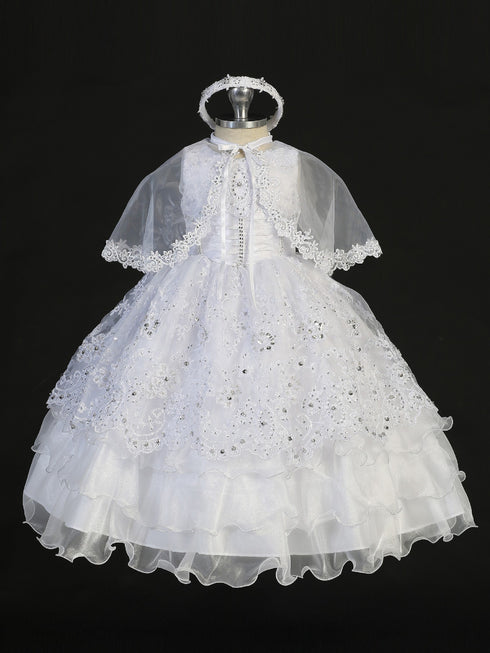 Tip Top Kids Little Girls White Gathered Bodice Rhinestone Baptism Gown 2-6 - SophiasStyle.com