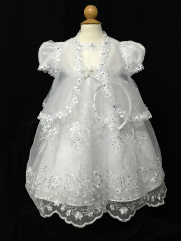 Tip Top Kids Baby Girls White Short Sleeve Floral Scalloped Baptism Gown 0-12M - SophiasStyle.com