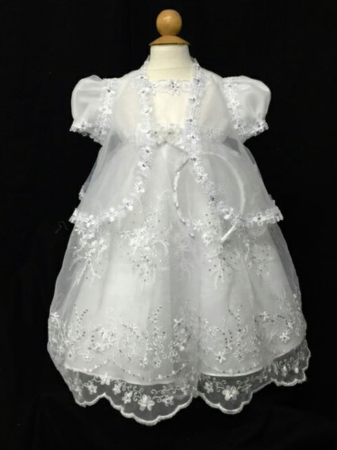 Tip Top Kids Little Girls White Short Sleeve Floral Scalloped Baptism Gown 2-4 - SophiasStyle.com