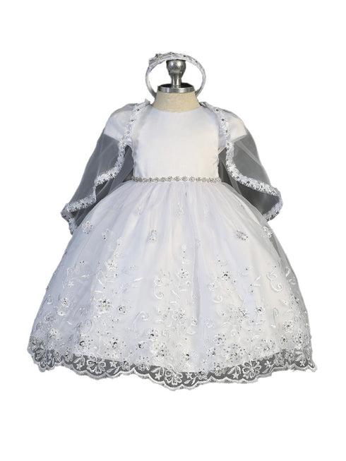 Tip Top Kids Little Girls White Rhinestone Accented Waist Christening Dress 2-6 - SophiasStyle.com