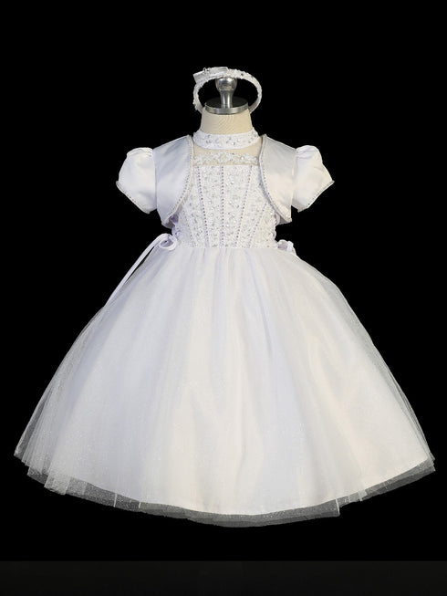Tip Top Kids Little Girls White Jeweled High Neck Tulle Bolero Baptism Gown 2-6 - SophiasStyle.com
