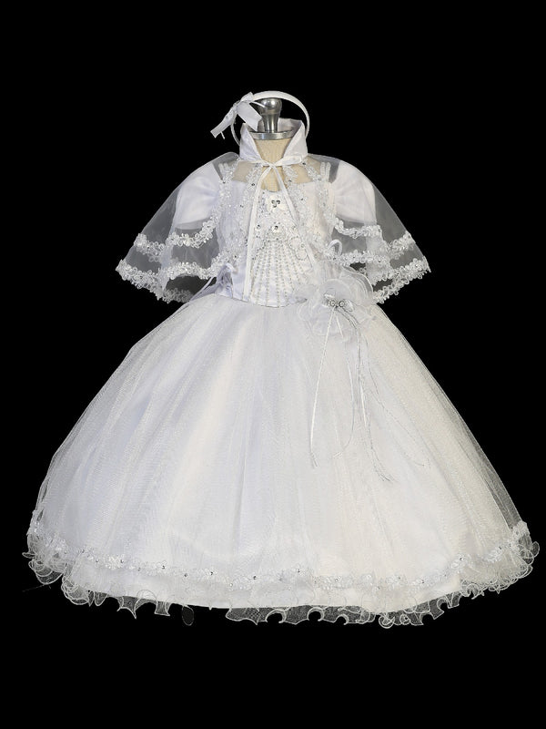 Tip Top Kids Baby Girls White Flower Glitter Tulle Cape Baptism Gown 0-12M - SophiasStyle.com