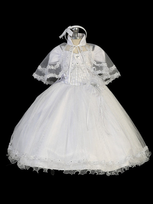 Tip Top Kids Little Girls White Flower Glitter Tulle Cape Baptism Gown 2-6 - SophiasStyle.com