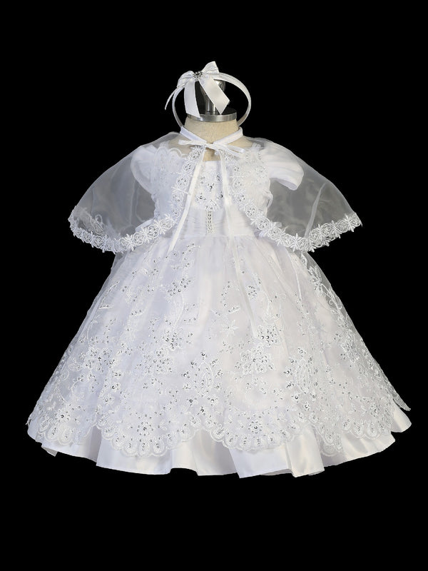 Tip Top Kids Little Girls White Organza Satin Rhinestone Cape Baptism Gown 2-6 - SophiasStyle.com