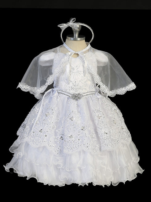 Tip Top Kids Little Girls White Doves Cape Headband Baptism Gown 2-6 - SophiasStyle.com