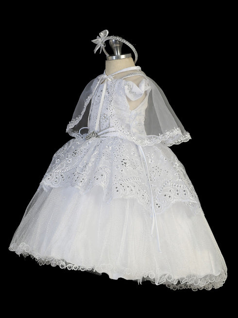 Tip Top Kids Baby Girls White Tailed Organza Glitter Tulle Baptism Gown 0-12M - SophiasStyle.com
