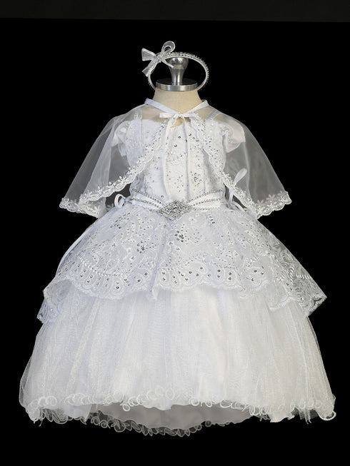 Tip Top Kids Little Girls White Tailed Organza Glitter Tulle Baptism Gown 2-6 - SophiasStyle.com