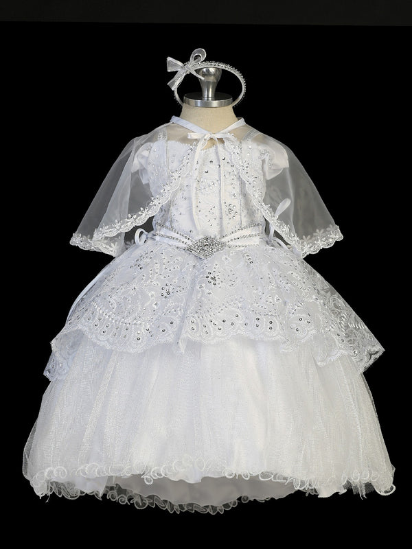 Tip Top Kids Little Girls White Tailed Organza Glitter Tulle Baptism Gown 2-6 - SophiasStyle.com