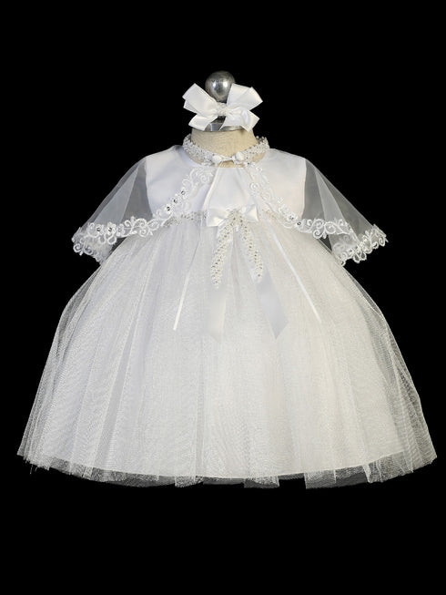 Tip Top Kids Baby Girls White Pleated Tulle Bow Cape Baptism Gown 0-12M - SophiasStyle.com