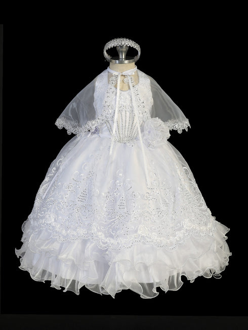 Tip Top Kids Little Girls White Halter Neck Cape Rhinestone Baptism Gown 2-6 - SophiasStyle.com