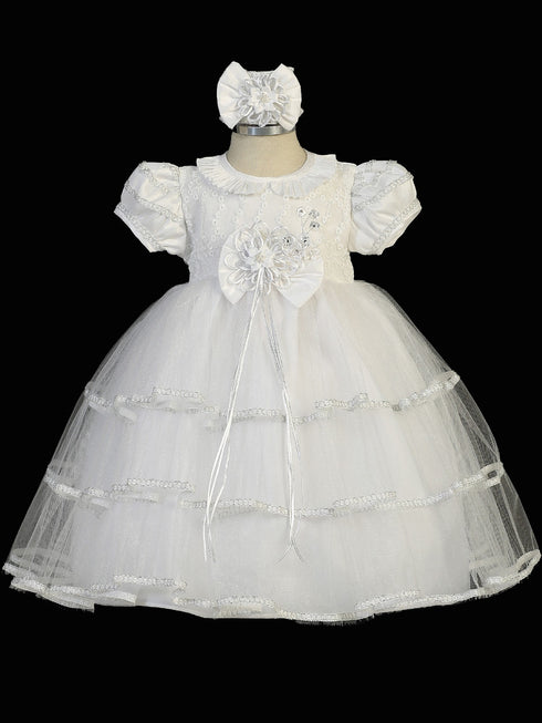 Tip Top Kids Baby Girls White Ropone Bow Headband Ruffle Baptism Gown 6-18M - SophiasStyle.com