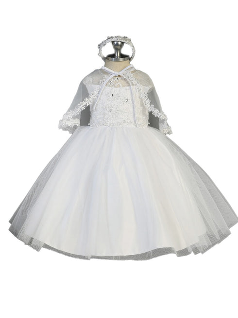 Tip Top Kids Baby Girls White Cap Sleeves Illusion Neck Christening Gown 0-12M - SophiasStyle.com