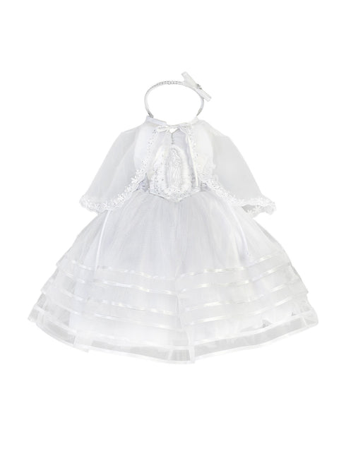 Baby Girls White Gathered Organza Virgin Mary Glitter Tulle Baptism Dress 6-9M - SophiasStyle.com