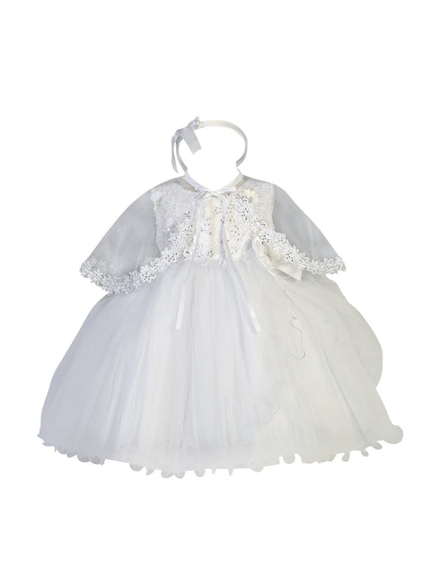 Baby Girls White Glitter Embroidery Wire Hem Simple Baptism Dress 6-9M - SophiasStyle.com