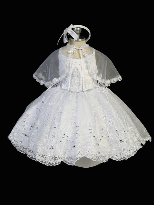 Tip Top Kids Little Girls White Cape Headband Embroidery Sequin Baptism Gown 2-4 - SophiasStyle.com