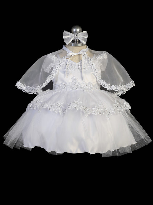 Tip Top Kids Baby Girls White Organza Overlay Off-Shoulder Baptism Gown NB-24M - SophiasStyle.com