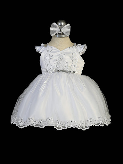 Tip Top Kids Baby Girls White Tulle Lace Applique Trim Cape Baptism Dress NB-24M - SophiasStyle.com