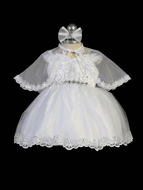 Tip Top Kids Baby Girls White Tulle Lace Applique Trim Cape Baptism Dress NB-24M - SophiasStyle.com