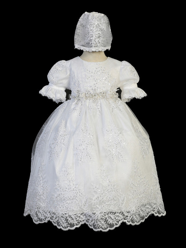 Tip Top Kids Baby Girls White Sequin Ropone Bonnet Baptism Gown 0-9M - SophiasStyle.com