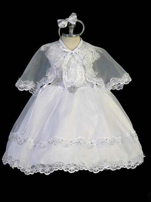 Tip Top Kids Little Girls White Metallic Lace Cape Headband Baptism Gown 2-6 - SophiasStyle.com