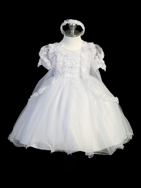 Tip Top Kids Little Girls Puff Sleeve Lace Cape Baptism Dress 2-6 - SophiasStyle.com