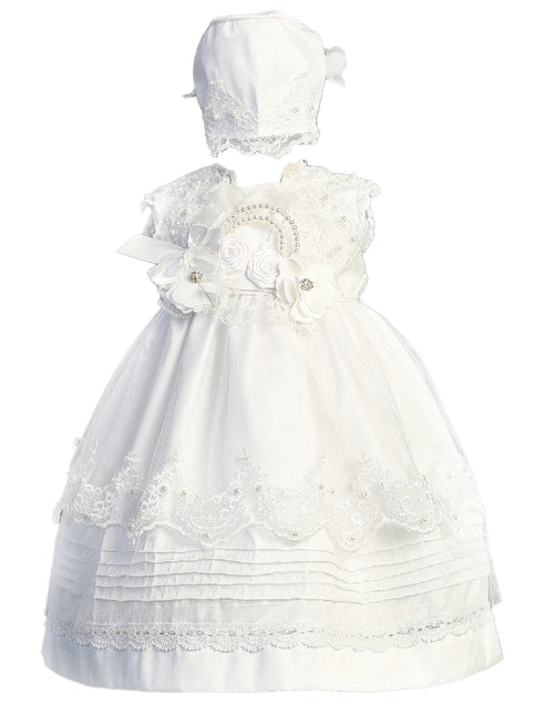 Tip Top Kids Little Girls White Beaded Sleeveless Bonnet Baptism Gown Newborn-3 - SophiasStyle.com