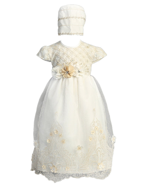 Little Girls Ivory 3D Flower Diamond Cape Sleeve Bonnet Baptism Gown Newborn-3 - SophiasStyle.com
