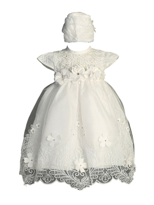 Tip Top Kids White 3D Floral Appliques Bonnet Christening Gown Outfit, Sizes 0-3 - SophiasStyle.com