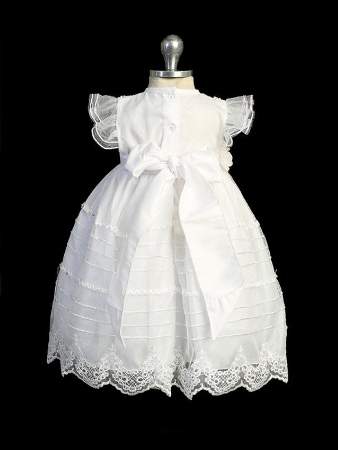 Little Girls White 3D Flower Tulle Flutter Sleeve Bonnet Baptism Gown Newborn-3 - SophiasStyle.com